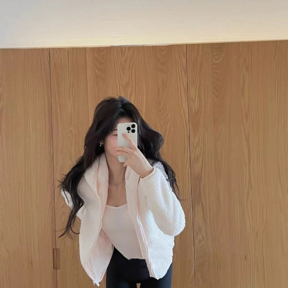 Cream Pink Teddy Zip Hoodie Jacket - Picture 3 of 10